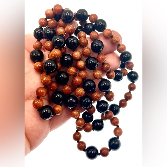 Beautiful Long Strand Fine Genuine Knotted Goldstone Black Onyx Beaded Necklace - Picture 7 of 7